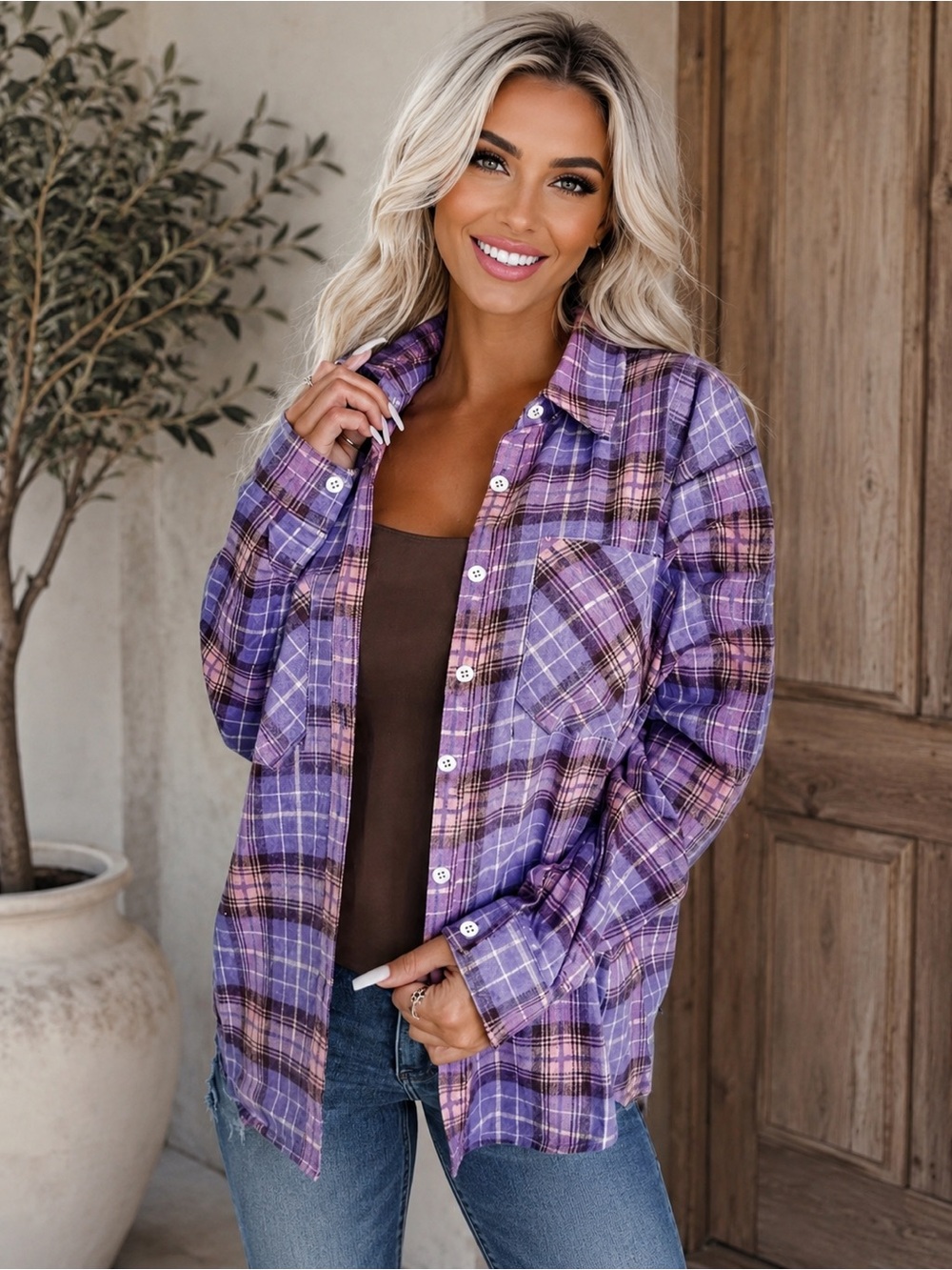 Purple Button Down Plaid Shirt - Picture 4 of 7